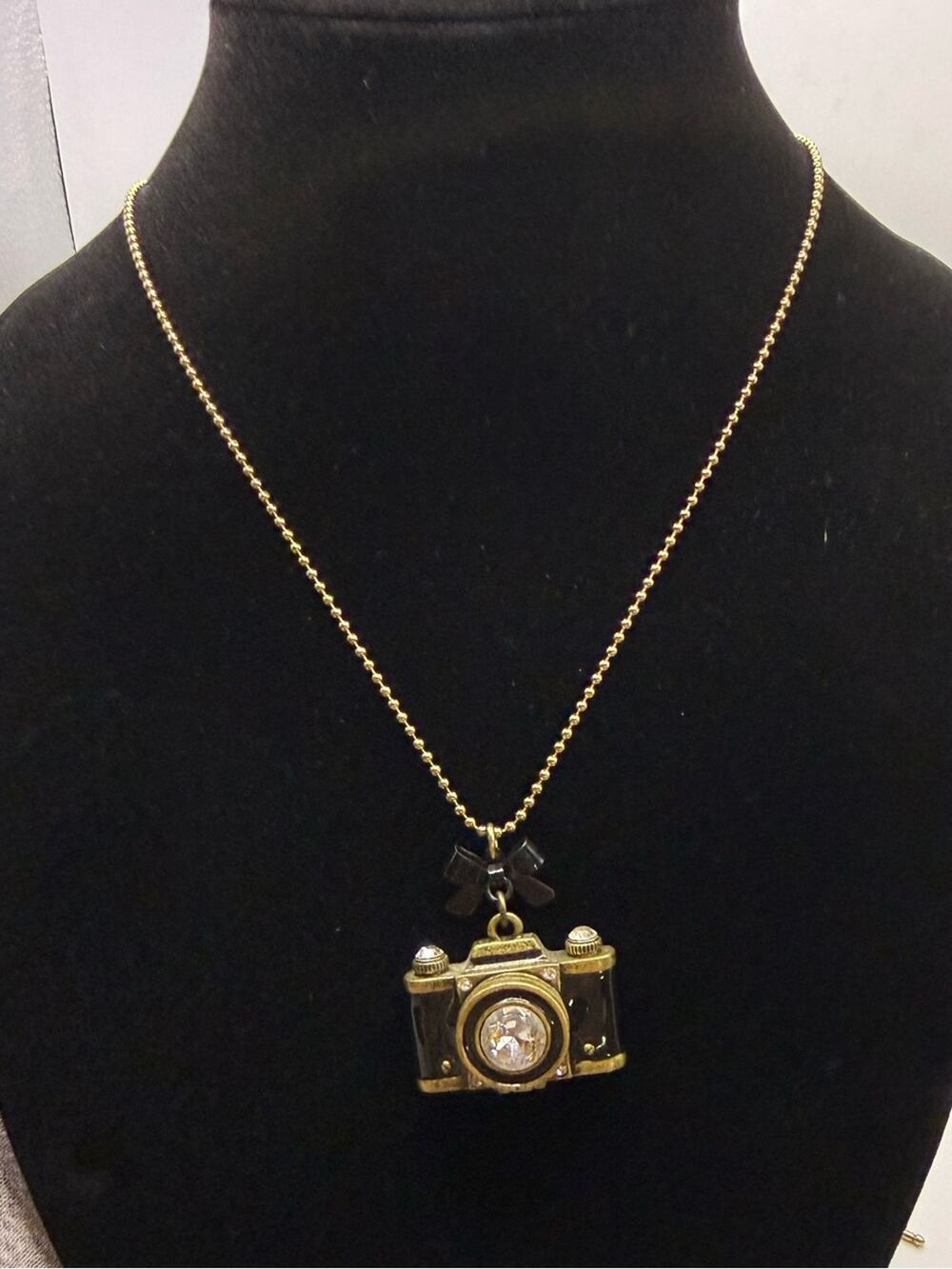 Betsy Johnson Camera Charm Pendant Necklace in Gold and Black